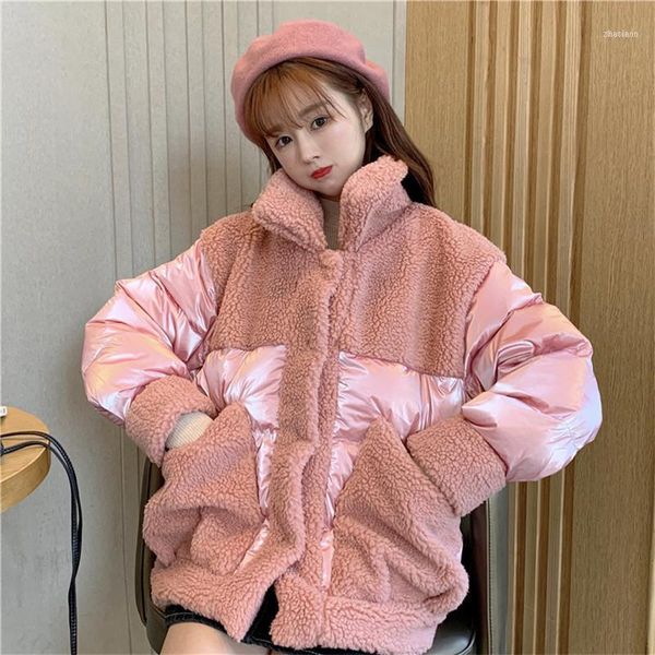 

korean style lambs wool autumn winter jacket women thicken cotton padded coat pink warm parkas c66351, Black