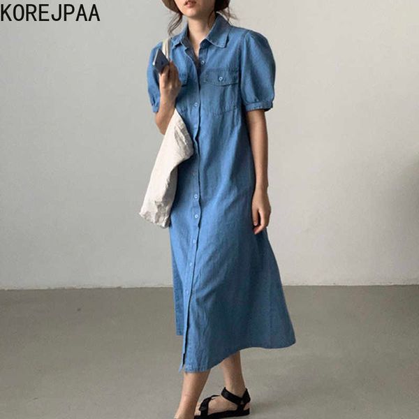 

korejpaa women dress summer korean chic niche french lapel single-breasted multi-pocket design loose casual denim vestidos 210526, Black;gray