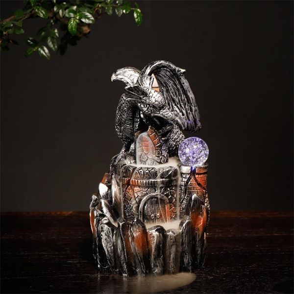 

fragrance lamps resin handmade dragon backflow incense burner with led lights home office decor waterfall holder + 20pcs cones