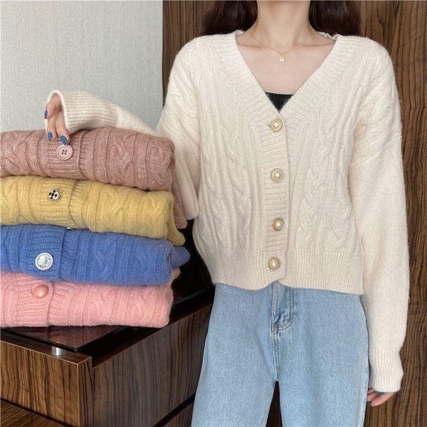 

women's knits & tees uliyou women autumn long sleeve sweater cardigan v-neck button cropped jacket sweet solid candy color loose knitte, White