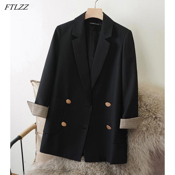 

women's suits & blazers ftlzz spring autumn office lady loose blazer long sleeve plaid splicing design coat double-breasted british sty, White;black