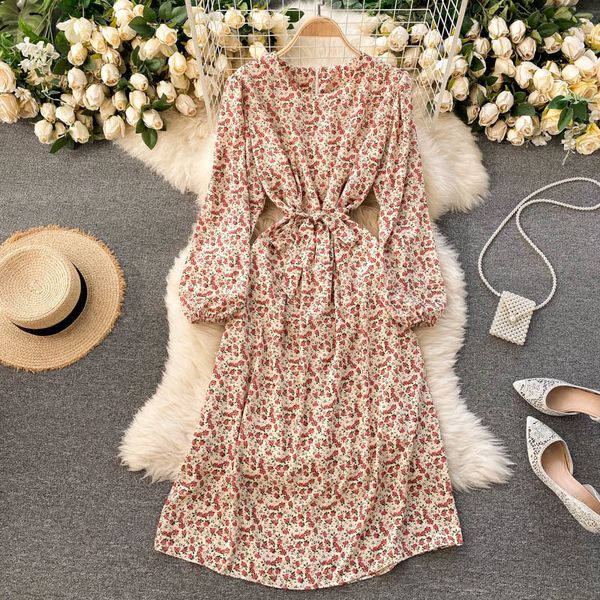 

two piece dress foamlina 2021 new chic french style long sleeve spring o-neck sash lace-up floral print a-line midi vintage vestid, White