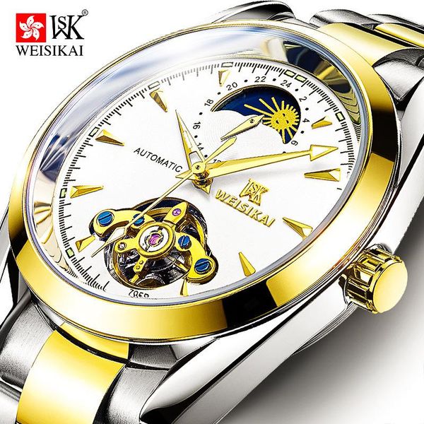 

wristwatches luxury men's watch mechanical automatic watches for men tourbillon moon phase luminous 316l steel waterproof wristwatch gi, Slivery;brown