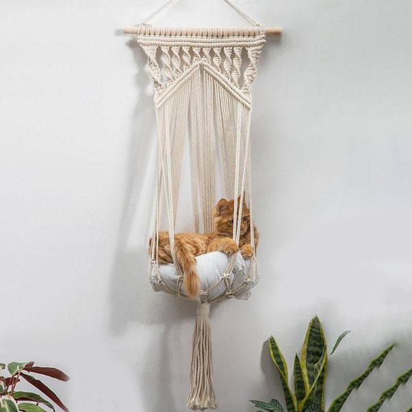 

cat beds & furniture macrame hammock,macrame hanging swing dog pet bed with kit for indoor cats hand-woven basket home decor