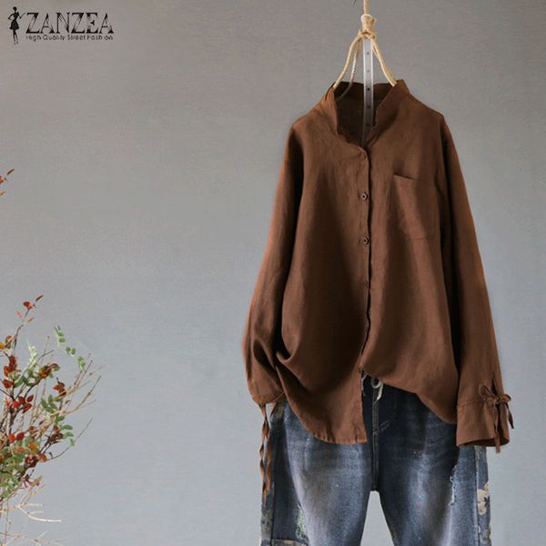 

zanzea women retro cotton linen blouse spring stand collar long sleeve buttons shirt casual bow tie femme tunic blusas s-5xl, White