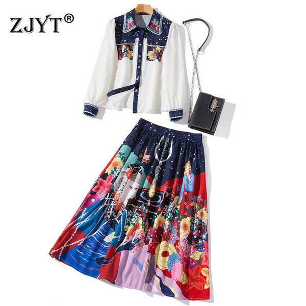 

spring autumn fashion runway two piece set women long sleeve beading print blouse and midi aline skirt suit vintage outfit 210601, White