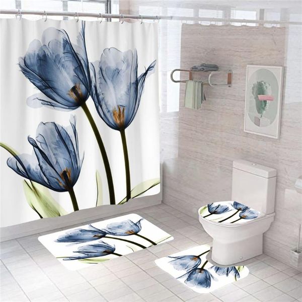 

shower curtains tulip flower printed curtain colorful flowers bathroom set bath mats rugs plant floral toilet lid cover carpet