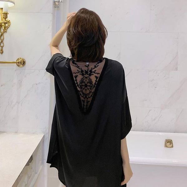 

women's sleepwear backless lace floral lady nightgown loungewear shirt collar skirt nightdress casual large size lingerie rayon sleepsh, Black;red