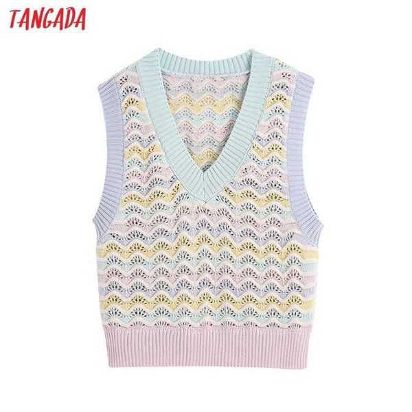 

tangada women fashion weave hollow out knitted vest sweater v neck sleeveless female waistcoat chic be955 210609, White