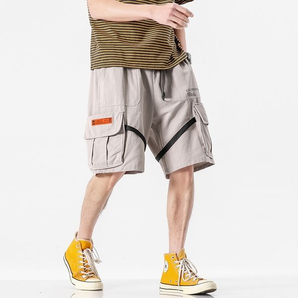 

men's shorts new streetwear ribbon casual side-pocket cargo men bermuda knee length male trousers u47b, White;black