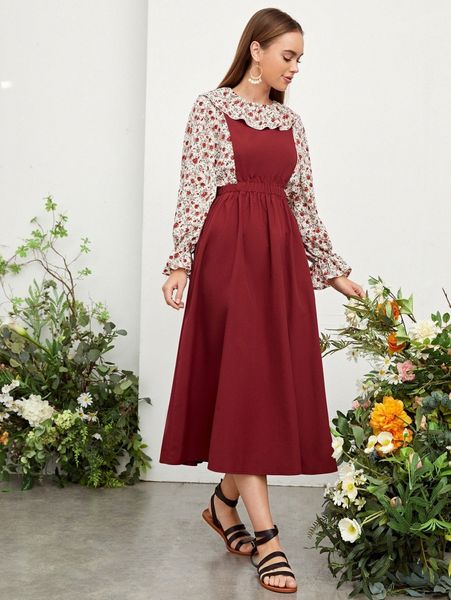 

floral flounce sleeve blouse & dress set f2eg#, White