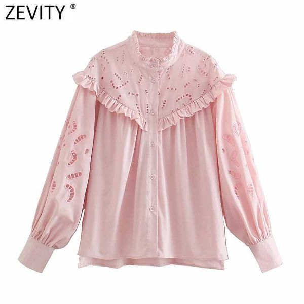 

zevity women sweet agaric lace hollow out embroidery casual pink blouse femme long sleeve ruffles roupas chic blusas ls9213 210603, White