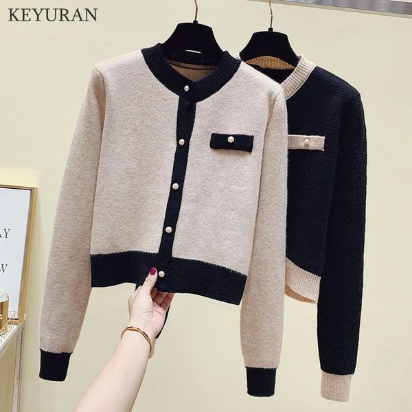 

women's knits & tees 2021 elegant korean chic sweater and cardigans women button up pearl knit contrast color sweaters jackets female k, White