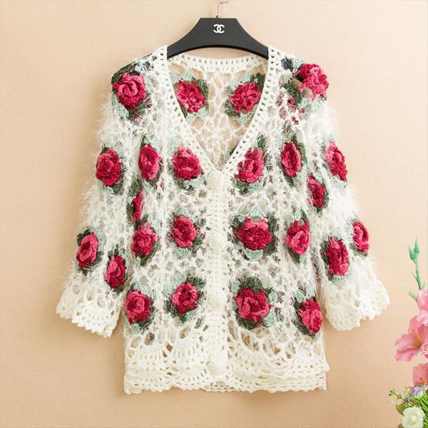 

3d flower women cardigans mohair sweaters crochet femme rose knitted, White;black
