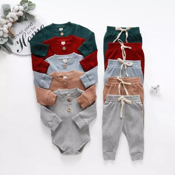 

clothing sets infant born baby girls boys spring autumn ribbed solid clothes long sleeve bodysuits + elastic pants 2pcs outfits, White