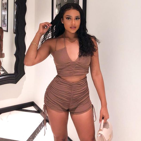 

women's tracksuits fashion women clothes 2021 summer solid color halter drape drawstring shorts set sweet girls backless pleat suits, Gray