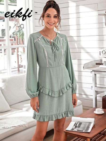 

casual dresses women puff sleeve elagant dress young lady cascading ruffle o-neck 2021 autumn female lace patchwork back zipper, Black;gray