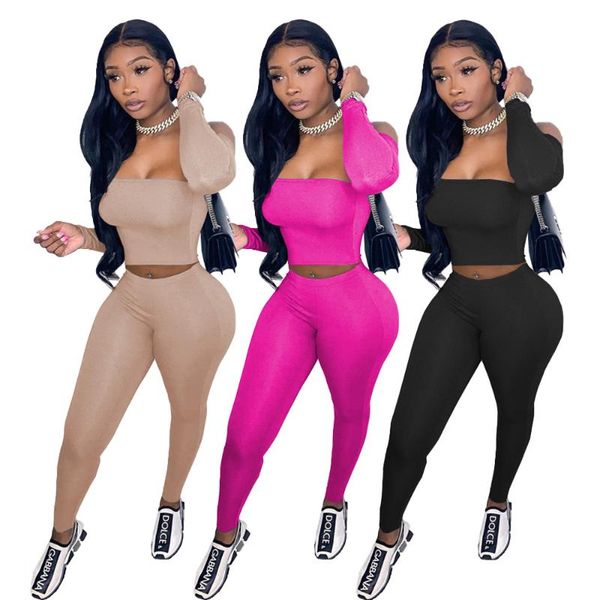 

women's two piece pants 2021 autumn casual women solid outfits fashion slash neck long sleeves skinny legging nightclub set real pos, White