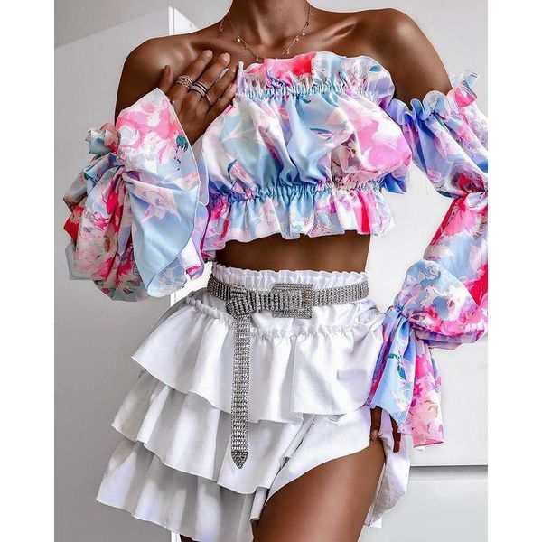 

women's blouses & shirts autumn slash neck women elegant printed long sleeved pullover spring fashion puff sleeve super short shir, White