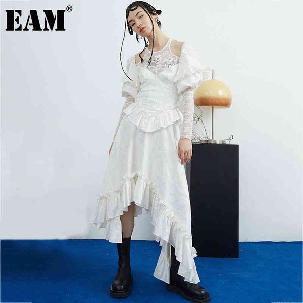 

[eam] women white hollow out lace ruffles dress v-neck short puff sleeve loose fit fashion spring summer 1dd7065 21512, Black;gray