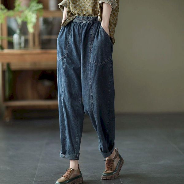 

women's jeans woman 2021 autumn cotton patchwork denim pants women elastic waist casual spring vintage retro gothic, Blue