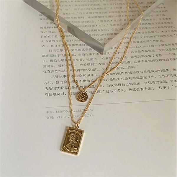 

pendant necklaces multi layer gold color metal rope chain choker necklace vintage carved square coin portrait jewelry, Silver