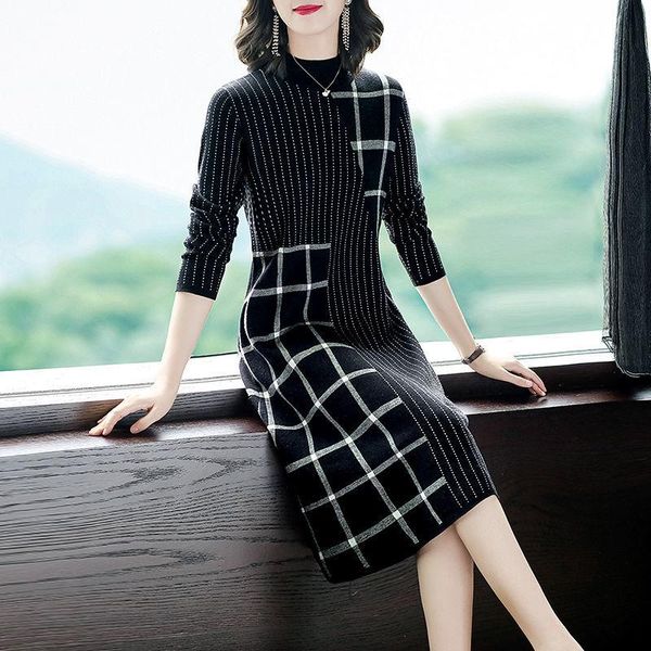 

knitted ladies dresses sweater long sleeve dress vestidos plus size spring autumn vestido de muje patchwork korean robe casual, Black;gray