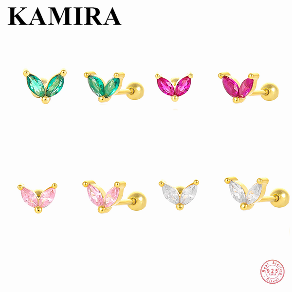 

stud kamira 925 sterling silver fashion vintage cute colorful zircon leaf bead earrings for women teen small mini charms jewelry, Golden;silver