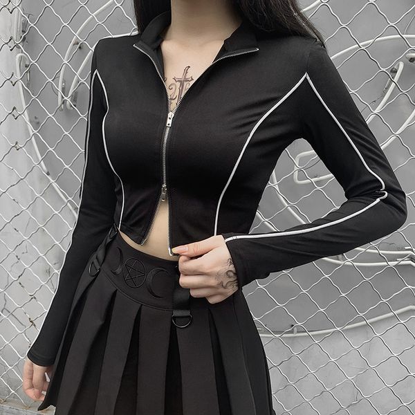 

women hoodie 2021 streetwear punk strip reflective black bodycon crop gothic harajuku zipper long sleeve slim t shirt fashion girl top