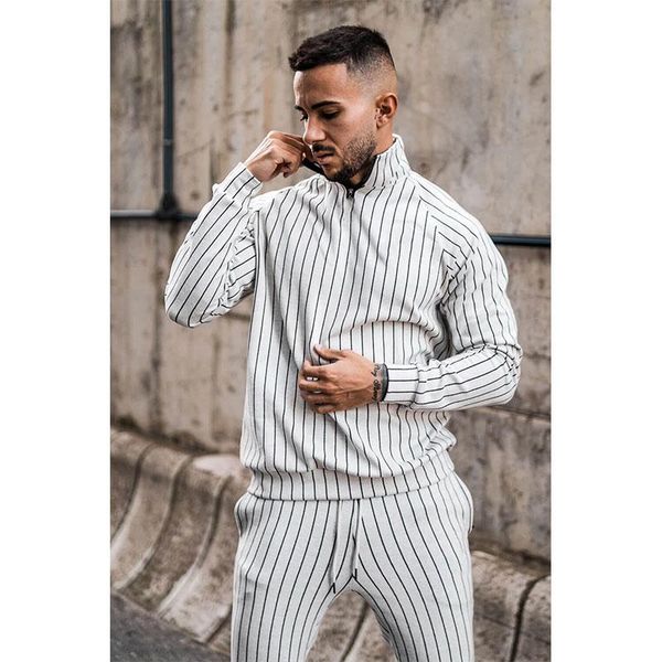 

men's tracksuits tracksuit men spring autumn stripe slim sets long sleeve sweatshirt jogging fashion two piece set sportswear, Gray