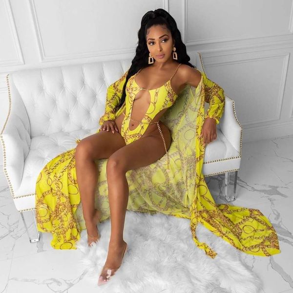 

printed one piece bikini metal chain swimsuit, White;black