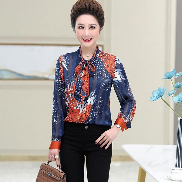 

women's blouses & shirts women floral print retro chiffon middle-aged ladies long sleeve style blouse female spring clothing, White