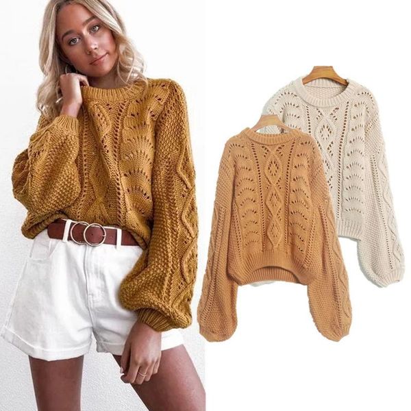 

women's sweaters vintage twist knitted sweater women hollow out pullover 2021 autumn lantern sleeve oversized jumpers casual sueter fe, White;black