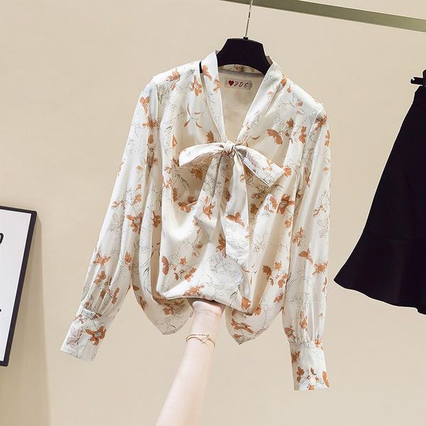 

women's blouses & shirts vanovich korean japan style retro print design lace-up shirt autumn 2021 women bow neck blouse, White