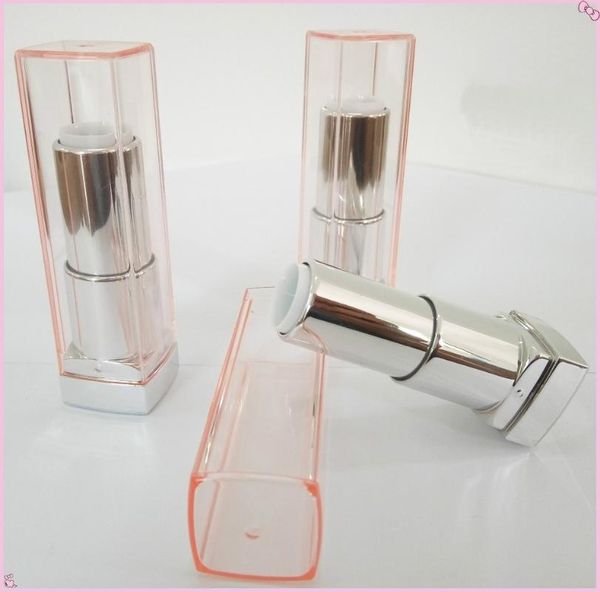 

12.1mm 10/20/50pcs/lot high-grade silver lipstick tube with transparent pink cap, cuboid empty lip container storage bottles & jars