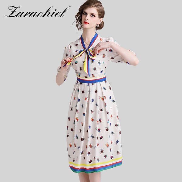

designer runway summer women striped bow tie collar ladybird pattern printed vintage casual medium-length dress 210416, Black;gray