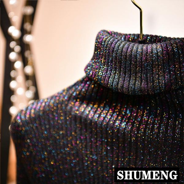 

casual dresses women autumn and winter silver silk long-sleeved pullover turtleneck knitted dress female bright long sweater jumpers, Black;gray