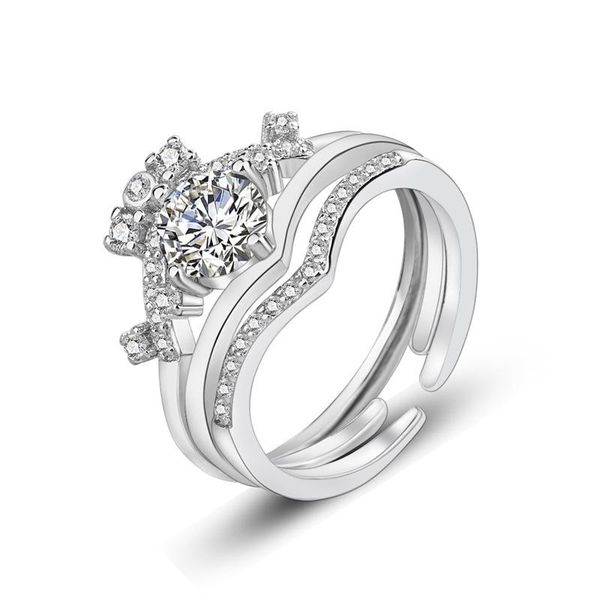 

cluster rings fashion crown shape adjustable 3in1 opening round cubic zirconia for women female jewelry party decoration, Golden;silver