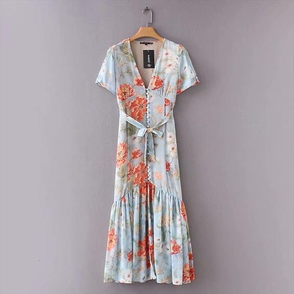 

fashion style slim pleated flower women dress print midi lace mid length casual floral chiffon ladies short sleeved v neck, Black;gray