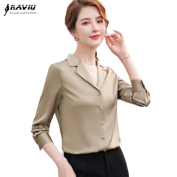 Khaki V Pescoço Chiffon Camiseta Mulheres Primavera Manga Longa Design Formal Negócios Blusas Escritório Senhoras Trabalho Tops 210604