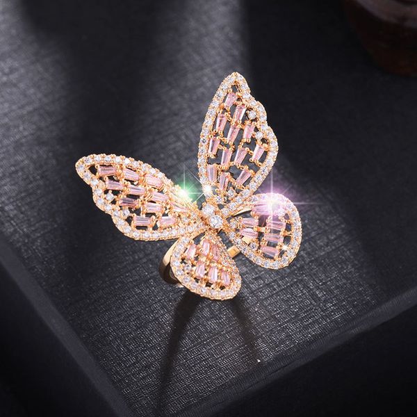

huami light luxury adjustable butterfly rings for women hollow out fingel open ring pink white color zircon jewelry, Slivery;golden