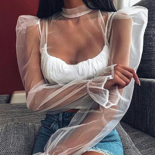 

women's blouses & shirts 2021 women mesh sheer see-through crop blouse puff long sleeve shirt, White