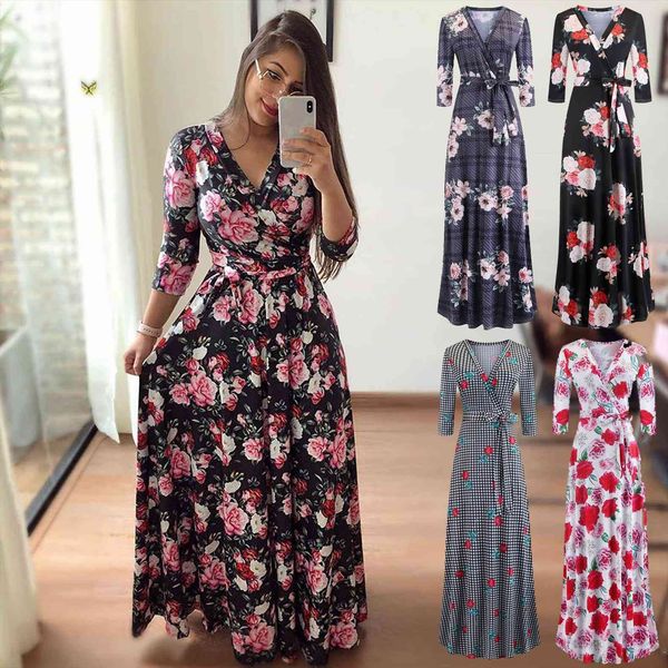 

clothing print long sleeve women dress solid fashion european and american style big swing with v neck, Black;gray