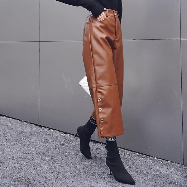 

british style wide leg cargo pants women street fashion split pu eco-leather trousers chic casual capris woman plus size 2021 women's &, Black;white