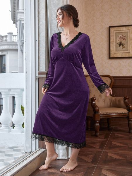 

plus velvet contrast lace night dress u9ol#, Black;white