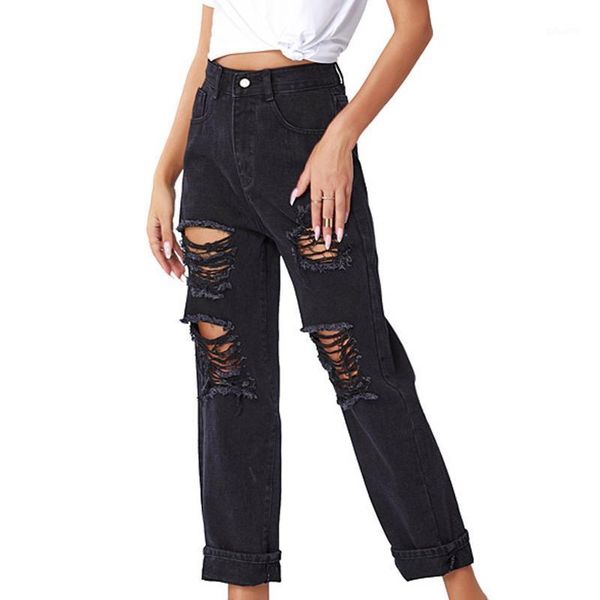 

fashion loose women solid color jeans vintage hole design mid waist flares ankle pants trouser for female 2021#4 women's, Blue