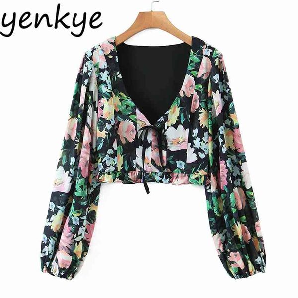 

fashion women vintage floral print crop v neck long sleeve holiday boho summer chiffon blouse beach blusas 210514, White