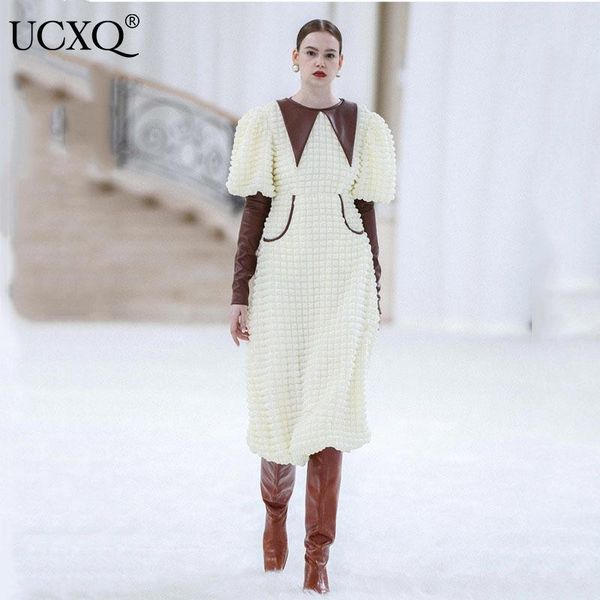 

casual dresses ucxq woman midi dress pu patchwork plaid pleated long puff sleeve lapel collar design style 2021 autumn fashion 23xf476, Black;gray