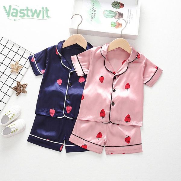 

baby boys girls pajamas set toddler kid sleepwear short sleeve cartoon bear print blouse +shorts clothes silk nightwear sets, Blue;red
