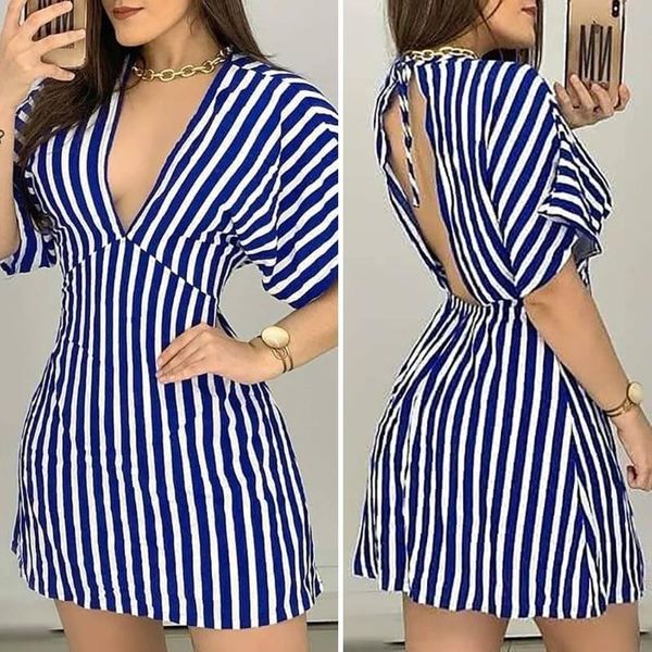 

casual dresses fashion woman mini dress summer v neck plunge short sleeve striped high waist club party daily wear, Black;gray